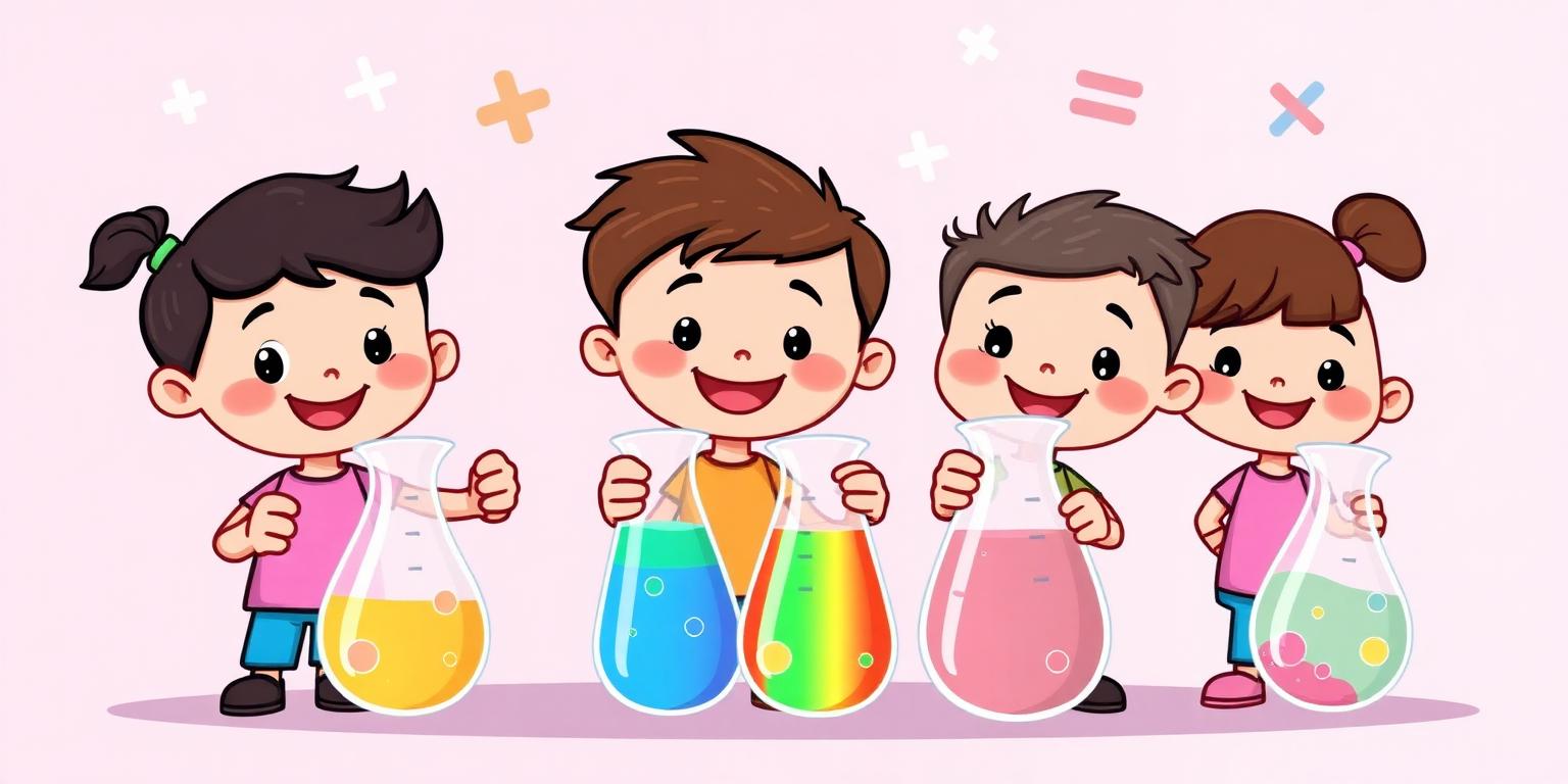 Happy cartoon kids holding beakers with colorful liquids surrounded by math symbols